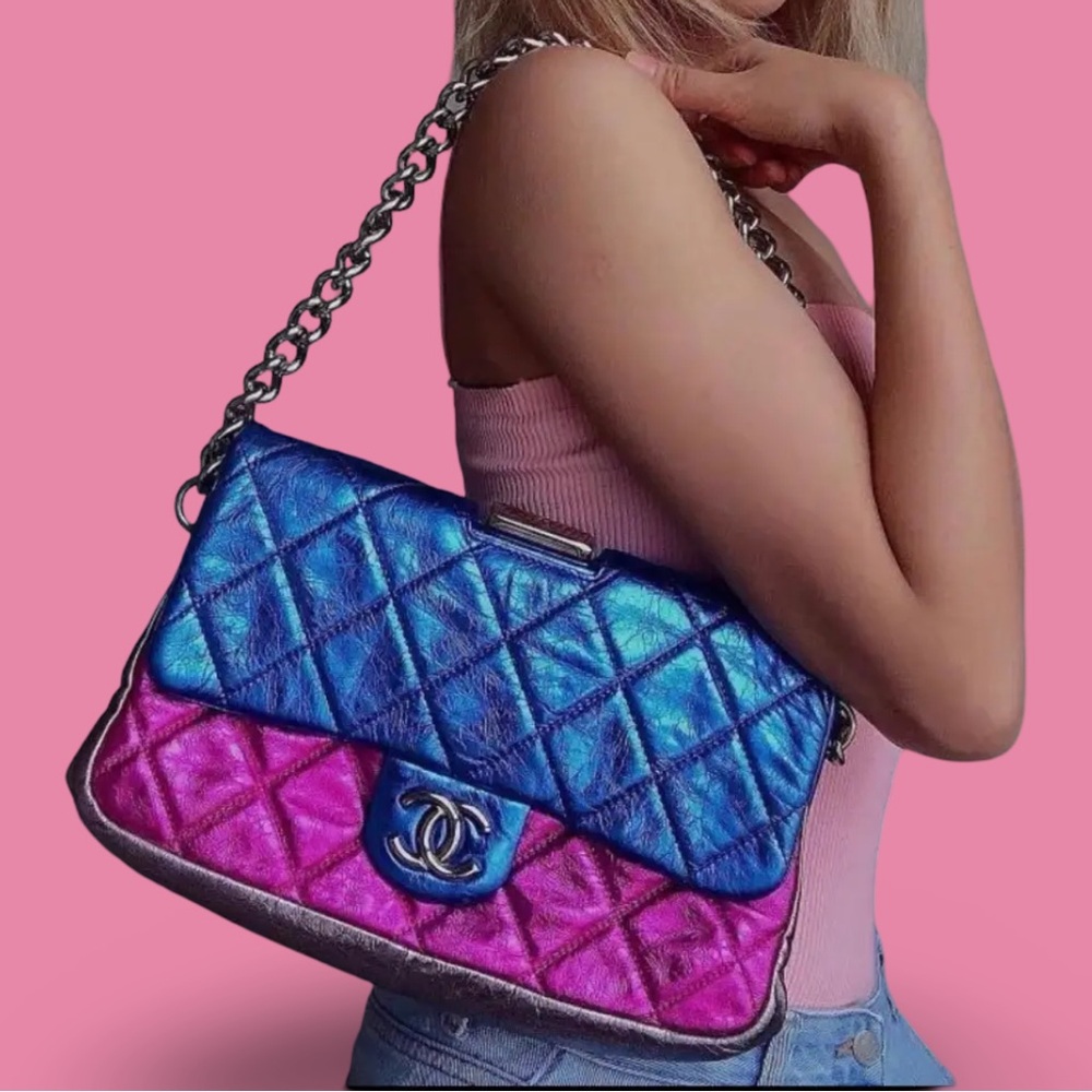 Chanel Flap Bag Pink Blue Black Shoulder Bag Thick Chain